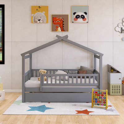 Wood Frame Twin Size House Bed With Twin Size Trundle