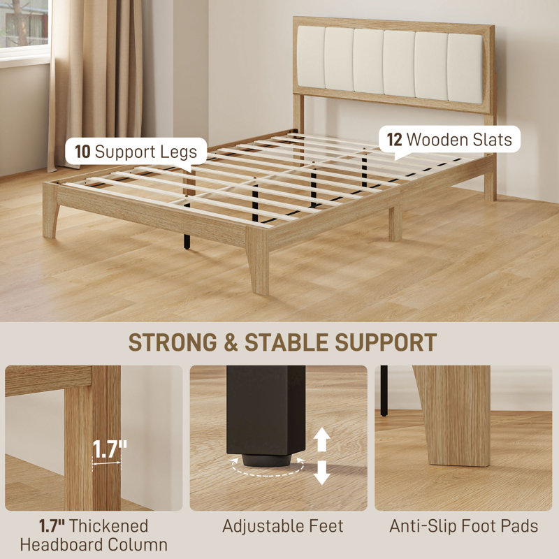 Structure de lit avec tête de lit tapissier, structure de lit plateforme avec lattes en bois, aucun sommier requis, assemblage facile