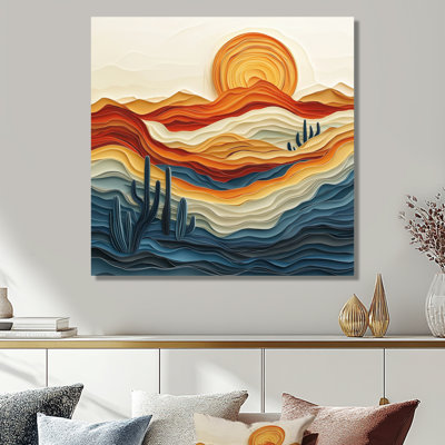 «Blue Red Retro Sunset Over Desert Lines II - Blue Nature», impression sur toile encadrée chaleureuse