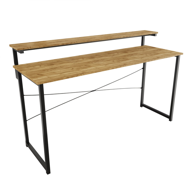 Metal Writing Desk With Shelf, Light Oak, 35.63" H x 55.12" W x 19.68" D