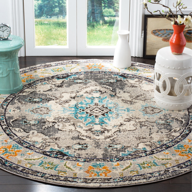 Almyra Oriental Area Rug, Round 11', Grey/Light Blue