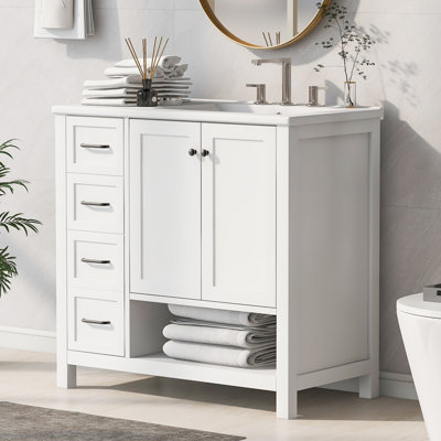  36" Bathroom Vanity with Sink, Right-Side Basin, Solid Wood Frame, 2 Doors, 2 Drawers & Open Shelf, White