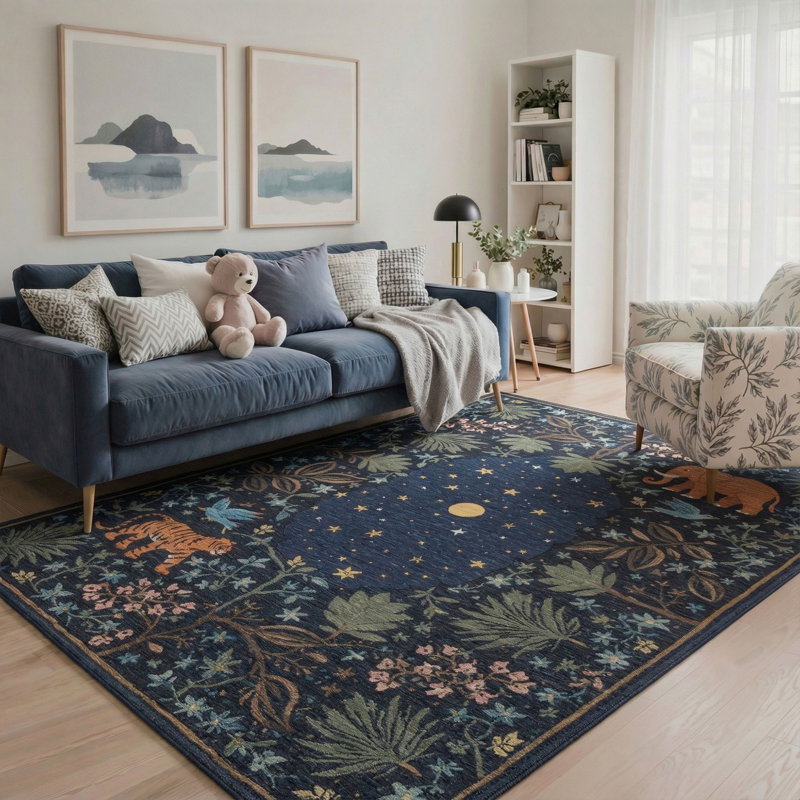 Tapis bleu marine rétro lavable à la machine avec envers antidérapant, Rectangle 9 pi x 12 pi