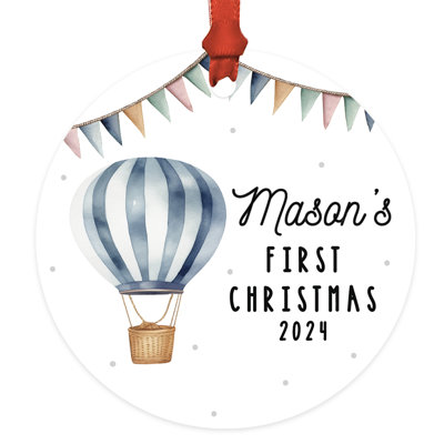Ornement de Noël personnalisé en métal 20x20x ballon rayé bleu