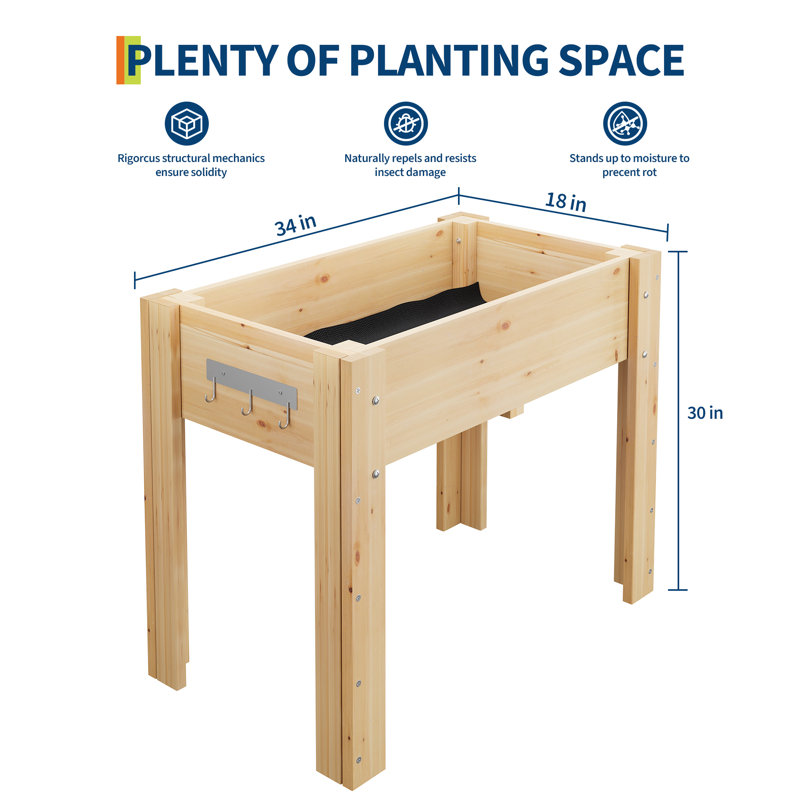Bac à légumes surélevé en bois massif de 30 po x 18 po x 30 po avec pieds de soutien et crochets de suspension à outils multi-usage pour espaces de jardin