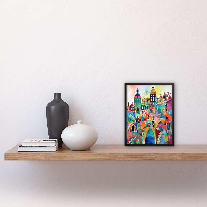 Cityscape Abstract Folk Art Vibrant Multicoloured Watercolour Painting Artwork Framed Wall Art Print 9X7 Inch