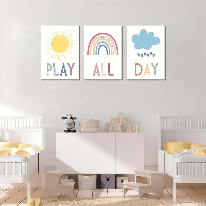 3Pcs Boho Nursery Canvas Wall Art Play All Day Kids Room Wall Decor Pictures Rainbow Sun Cloud Posters Prints For Bedroom Playroom Classroom Decoration
