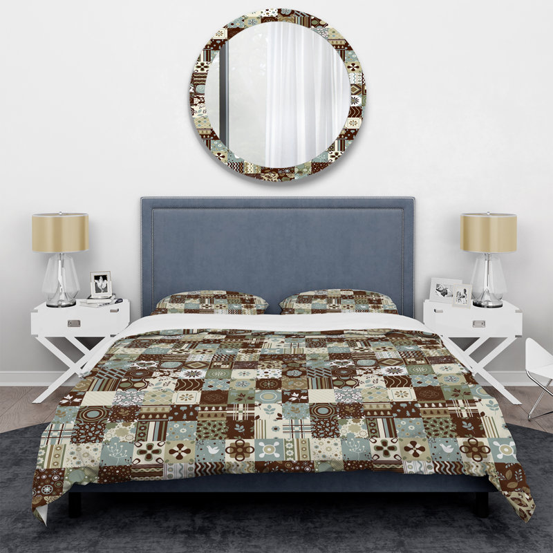 Ensemble de housse de couette à motif patchwork ornement brun, Housse de couette pour très grand lit et 2 très