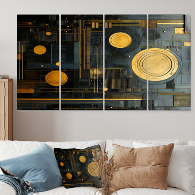Golden Moon Art Nouveau Collage - Art mural décoratif géométrique 4 pièces