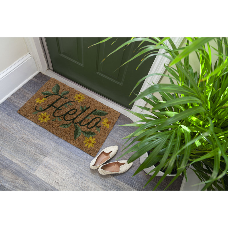 Handwoven Natural Coir Outdoor Doormat with Floral Design