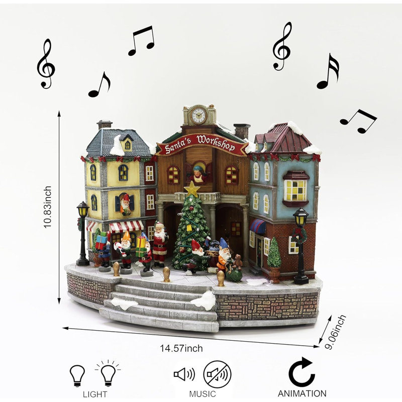 10,83 "H animé atelier du Père Noël (arbre en mouvement) - DEL, 8 musique, adaptateur - résine peinte à la main