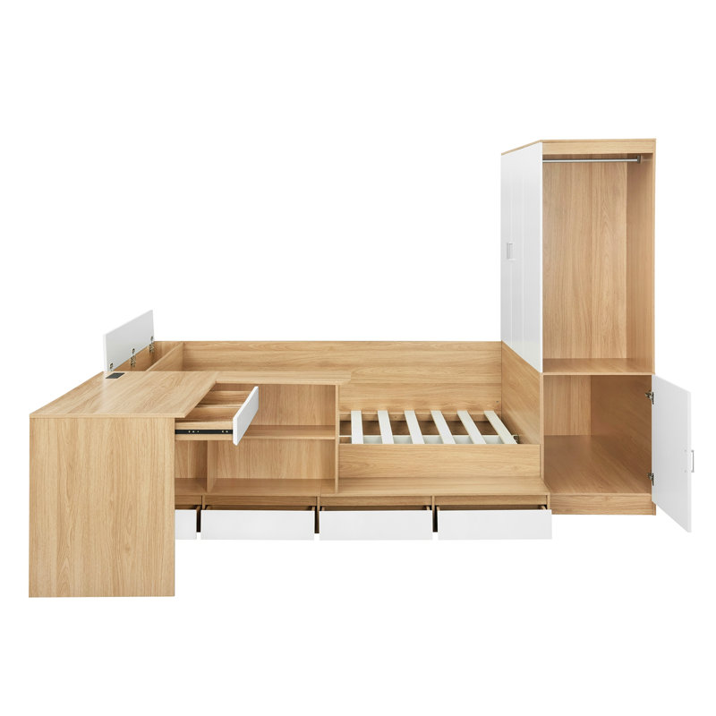 Lit plateforme double en bois avec 6 tiroirs, tablettes, bureau et garde-robe, Naturel