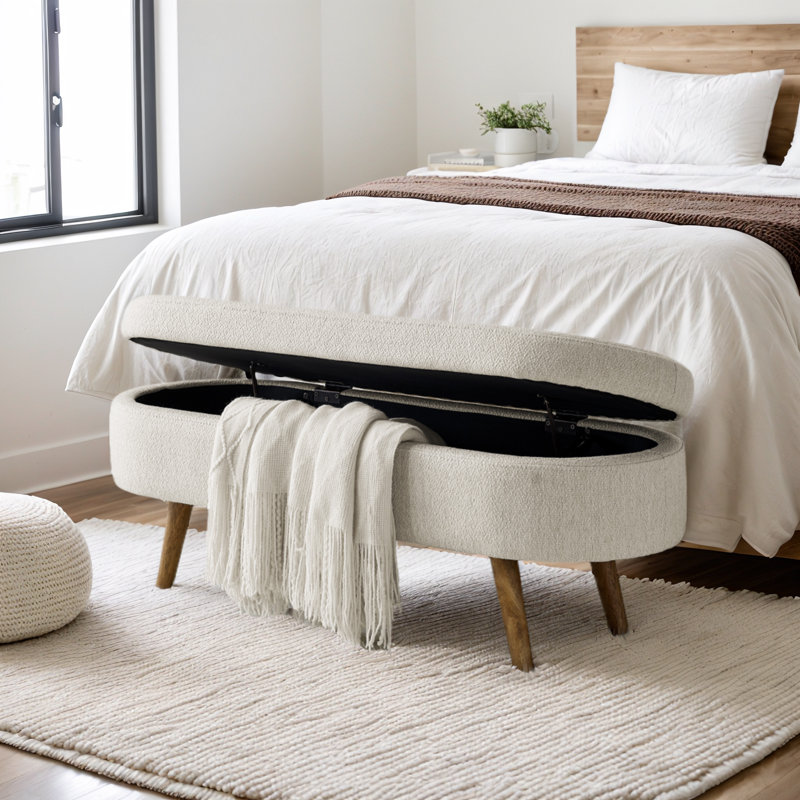 Ottoman Oval Storage Bench with Rubber Wood Legs, Beige Linen