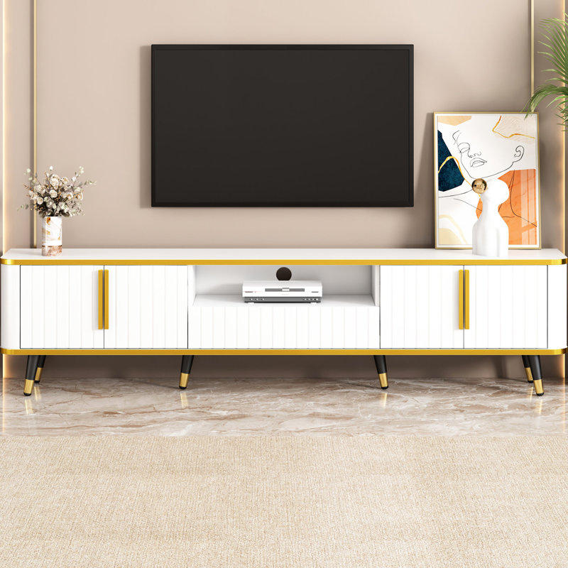 Meuble télé 85 po, blanc et doré, unité de divertissement Stable & Scratch- Gold, télé 80-89 po, tablettes pratiques
