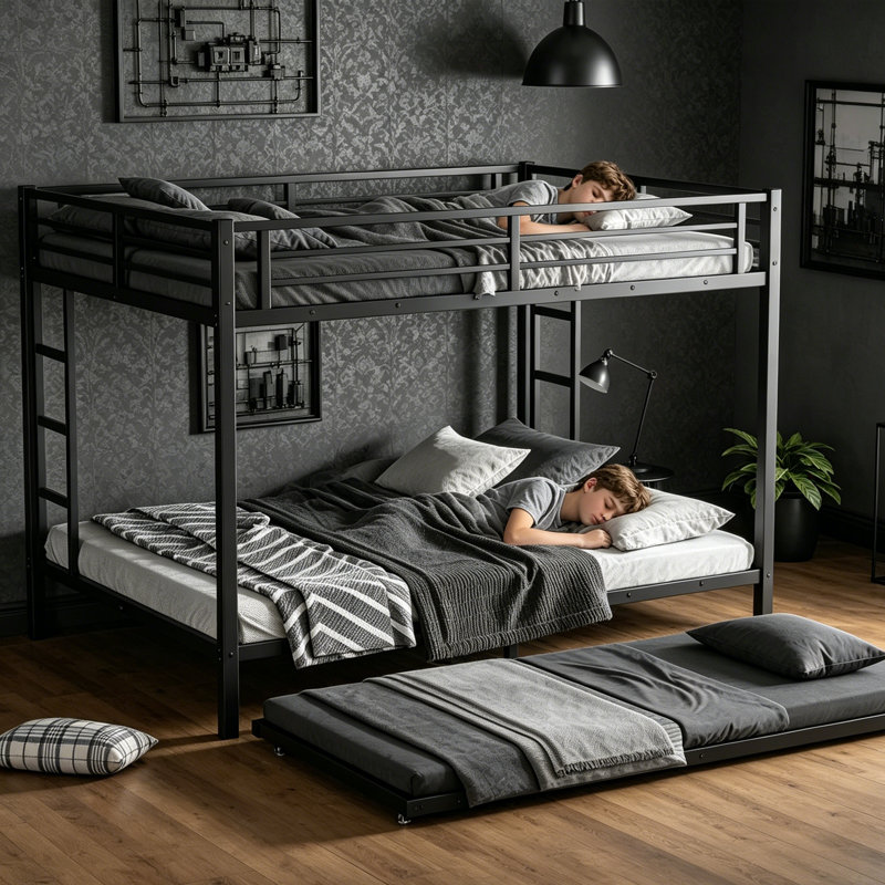 Lit superposé au-dessus de grand lit en métal noir avec lit gigogne simple, peu encombrant, réduit le bruit, 2 échelles latérales, rangement sous le lit, aucun sommier nécessaire