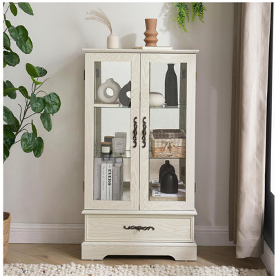 Vitrine lumineuse en verre avec tablettes réglables - Vitrine élégante à 2 portes et tiroir intégré, ampoule incluse - fini blanc