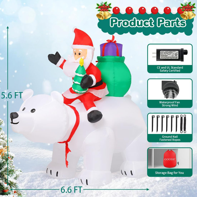 GOOSH 6.6 FT Animated Christmas Inflatable Santa Claus Riding Polar Bear with Shaking Head