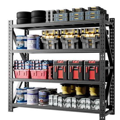 Étagère robuste en métal extra large H 69 po x l 75 po x P 23,7 po pour rangement industriel en entrepôt et salle de sport, noire avec mécanisme de verrouillage à 4 tablettes, cadre renforcé - nervures en relief