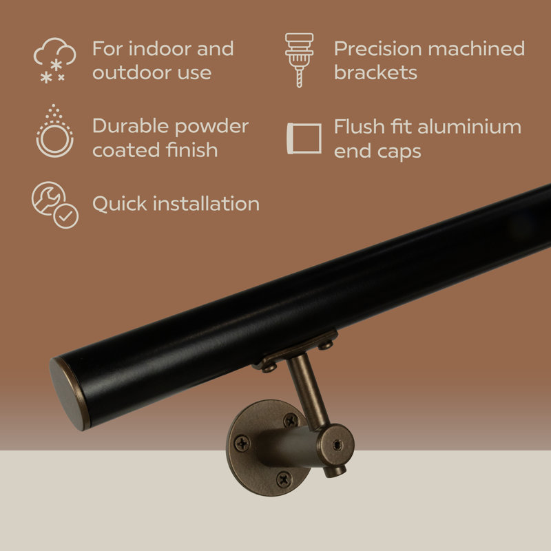 Industrial Aluminum 1.5 Inch Round Complete Indoor/Outdoor Handrail Grab Bar Kit, 108" W, Bronze/Satin Black