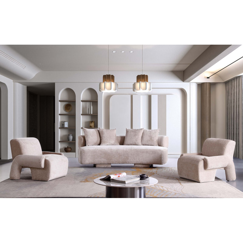 Giovedi 3-Piece Modern Chenille 90.6" Sofa and 2 Accent Chairs Set, Giovedi Beige Chenille