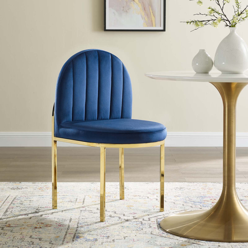 Isla Upholstered Side Chair, Velvet Navy Blue, Golden