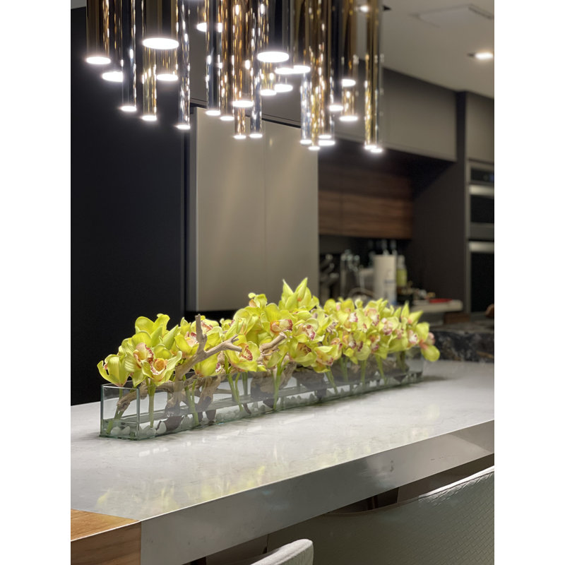 Driftwood Cymbidium Orchids Centerpiece in Glass Planter, 8" H x 48" W x 6" D, Green