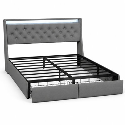 Structure de lit pleine grandeur en métal avec DEL RVB et port USB, 2 tiroirs de pieds et tête de lit capitonnée pour chambre à coucher moderne