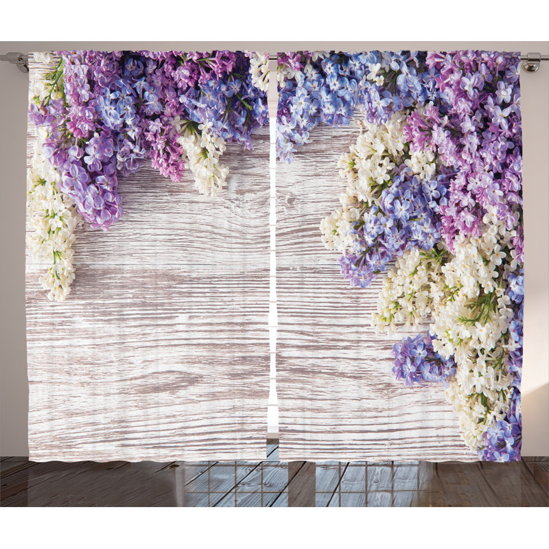 Lilac Flowers Bouquet Rustic Home Decor Graphic Print Semi-Sheer Rod Pocket Curtain Panels, 54" W x 84" L