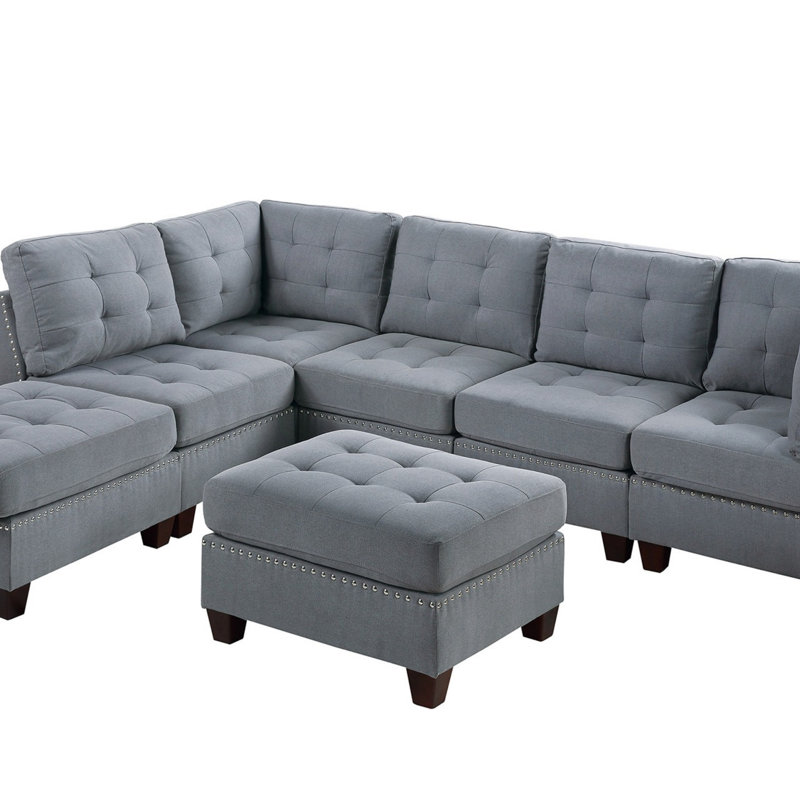 Ensemble de salon modulaire contemporain modulaire 7 pièces Mobilier de salon en L gris capitonné en tissu d'ameublement avec têtes de clous capitonnés 2X coin 3X fauteuil sans accoudoirs et 2X repose-pieds