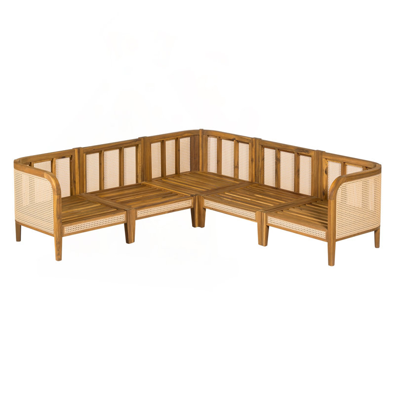 Canapé modulaire d'extérieur en forme de V à 5 places Kirkby avec bois d'acacia et canne Kirkby