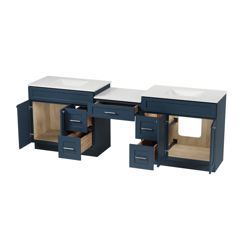 Meuble-lavabo double 97 po avec tiroir en bois massif et comptoir en quartz de Carrare, Bleu