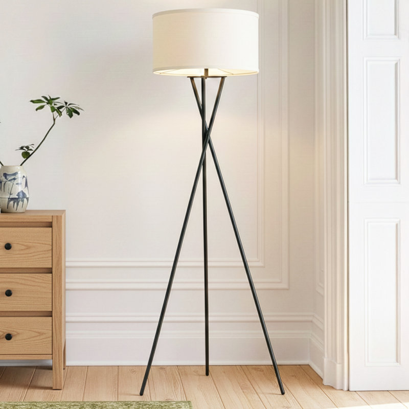 Jaxon 60 in. Mid-Century Modern LED Energy Efficient Floor Lamp with Tan Fabric Drum Shade and Black Tripod Legs, Tan
