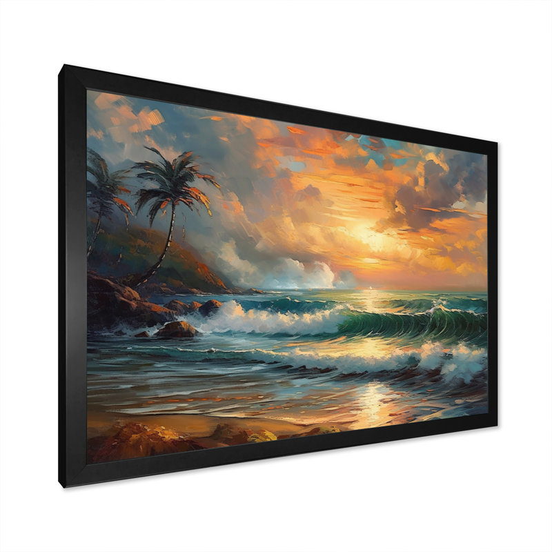 Orange et vert bord de mer Serenity II - art mural plage, salon, H 30 po x l 40 po x P 1,5 po