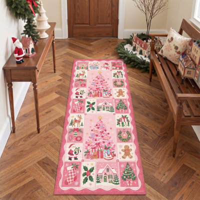 Tapis de chambre lavable à poils courts, motif d'animaux de Noël, père Noël et cerfs, rose et blanc