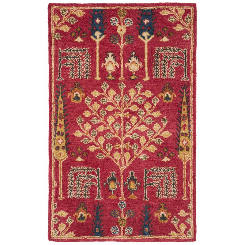 Tapis rouge en laine touffeté à la main Wahcheechee, Rectangulaire 3 pi x 5 pi