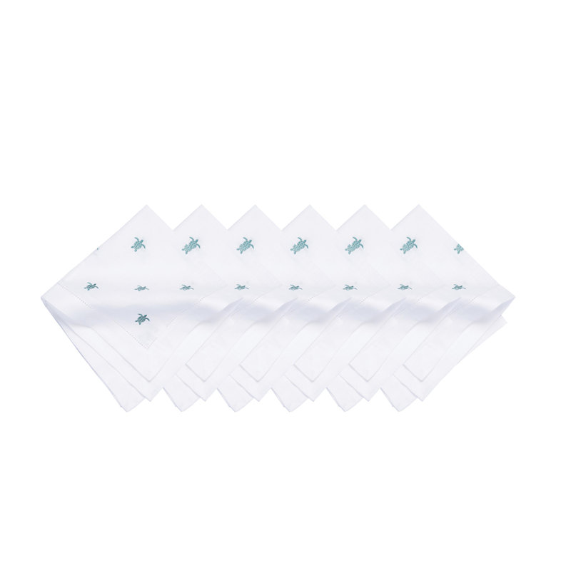 Aqua Turtle Embroidered Hemstitch Napkins Set of 6