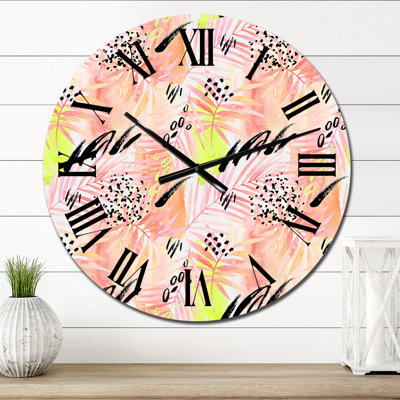 Feuille de palmier rose avec éléments graphiques rétro - horloge murale