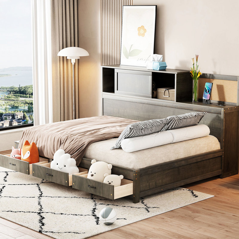 Lit de jour en bois gris avec 3 unités de rangement cachées, une planche souple et des options de chargement pour un compartiment de rangement bien rangé, une chambre de détente avec points forts