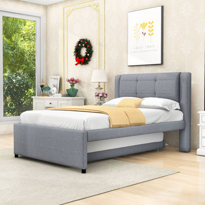 Full Size Upholstered Platform Bed with Twin Pop Up Trundle and Headboard
