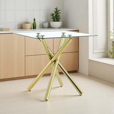 Table de bar moderne avec plateau en verre trempé, table de pub robuste avec pieds en métal