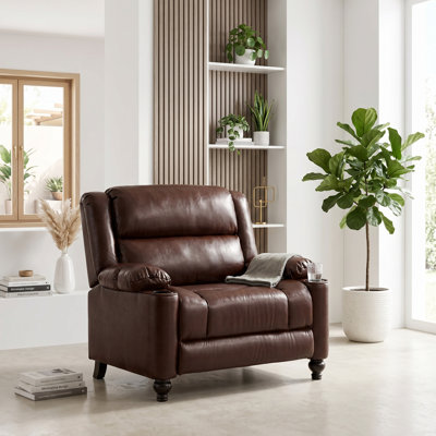 Wide Faux Leather Manual Recliner with Tufted Design, Dual Cup Holders