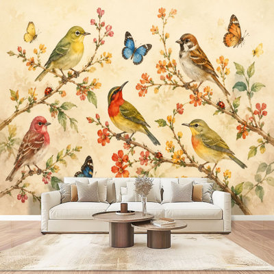 Peel and Stick Wallpaper Wall Mural vintage nature seamless birds butterflies watercolor painting Wall Art Self Adhesive and Removable