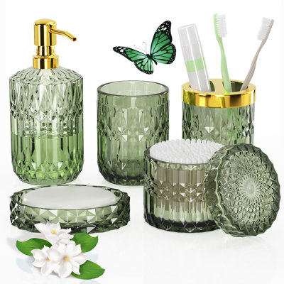 Bathroom Accessories Set, 5 Pcs Clear Glass Bathroom Accessories With Lotion Soap Dispenser, Soap Dish, Toothbrush Holder, Bathroom Tumbler, Cotton Swab Jars, Perfect For Bathroom Theme Gift