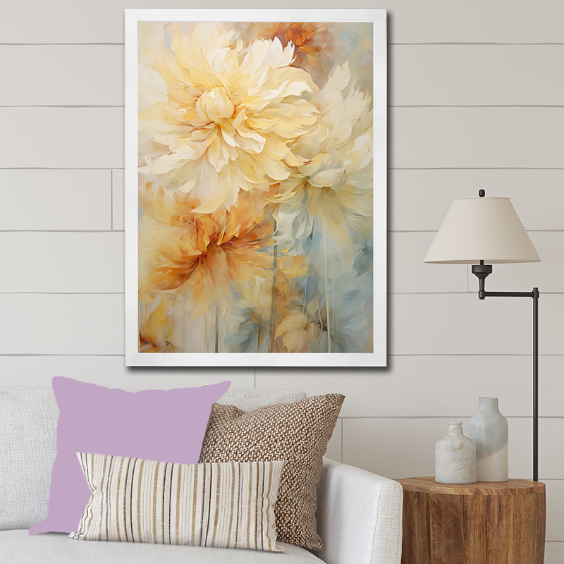«Peach Marigold Elegance Bouquet Still Life III», reproduction sur toile, Cadre simple blanc, H 40 po x l 30 po x P 1,5 po