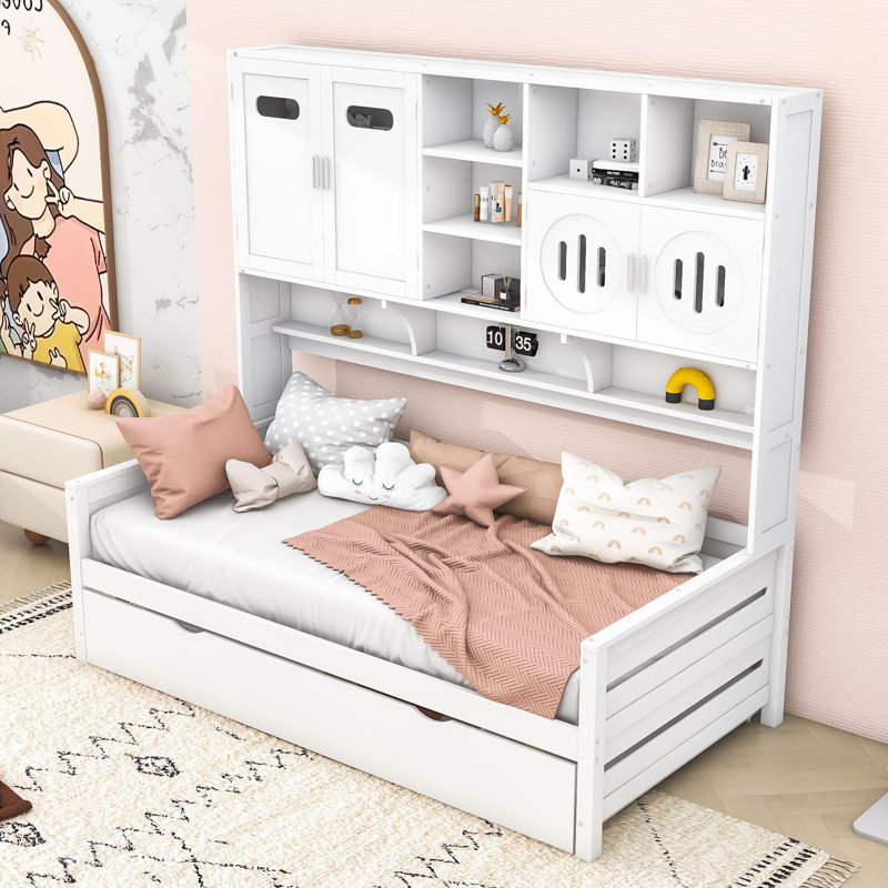 Talleyran Modern Wood Daybed with Trundle and Storage Shelves, Twin, White