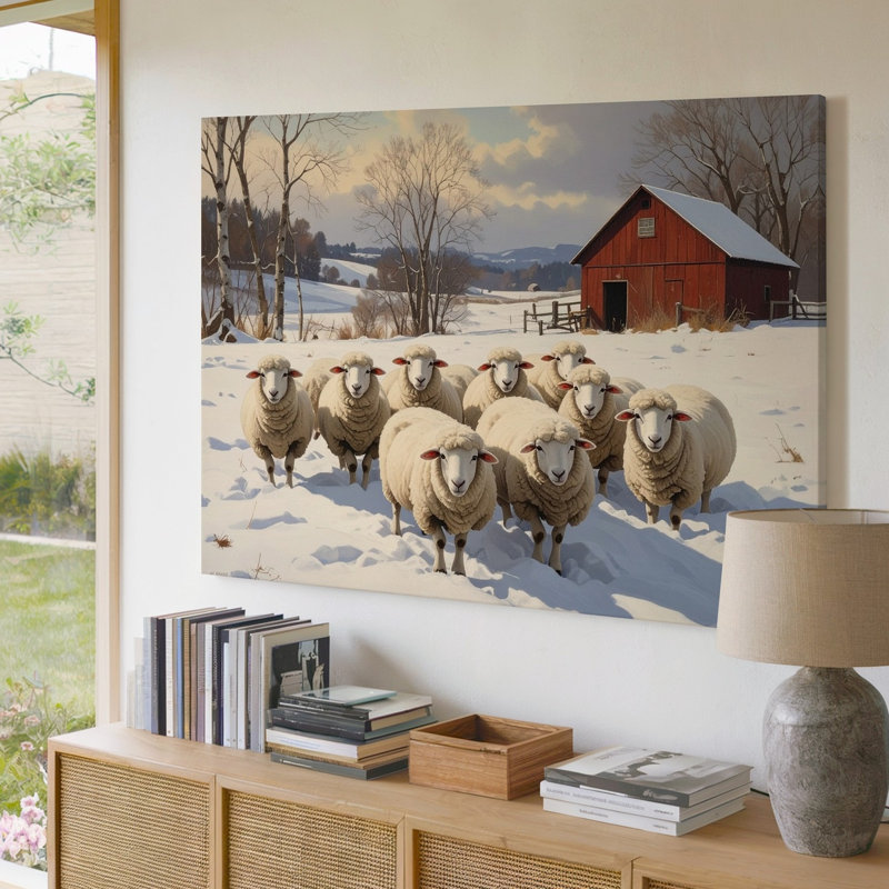 Art mural sur toile, mouton d'hiver et grange rouge, scène de ferme enneigée rustique, H 30 po x l 40 po