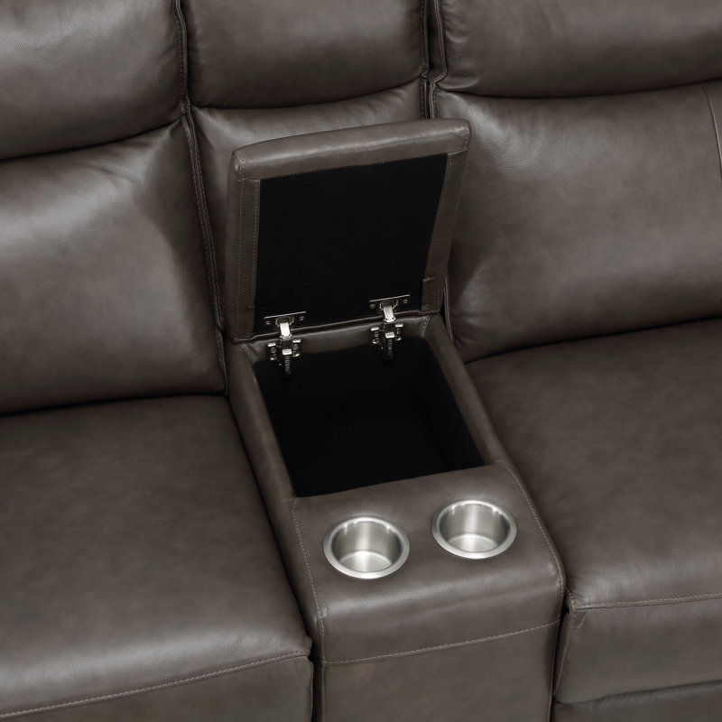 Enjolie 93.5" Modern & Contemporary Top Grain Leather Power Reclining Loveseat with with Power Adjustable Headrests, USB Charging & Center Storage Console
