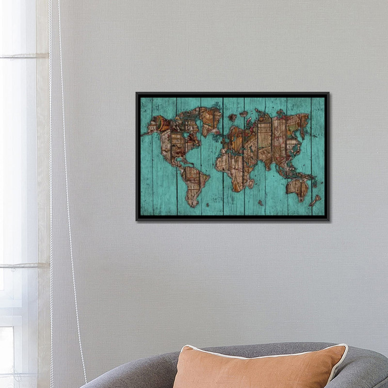 Carte en bois, impression sur toile, H 18 po x l 26 po x P 1,5 po, Toile avec cadre noir, Pas de tapis