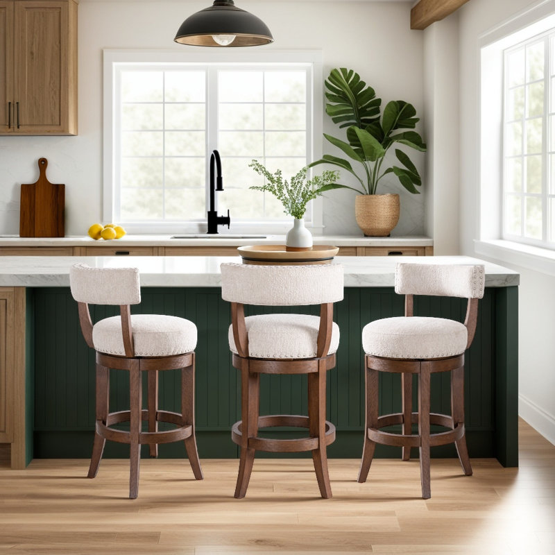 Granby Solid Wood Upholstered Swivel Barstool With Fabric Seat, Counter Stool (26" Seat Height), Brown Oak, 3