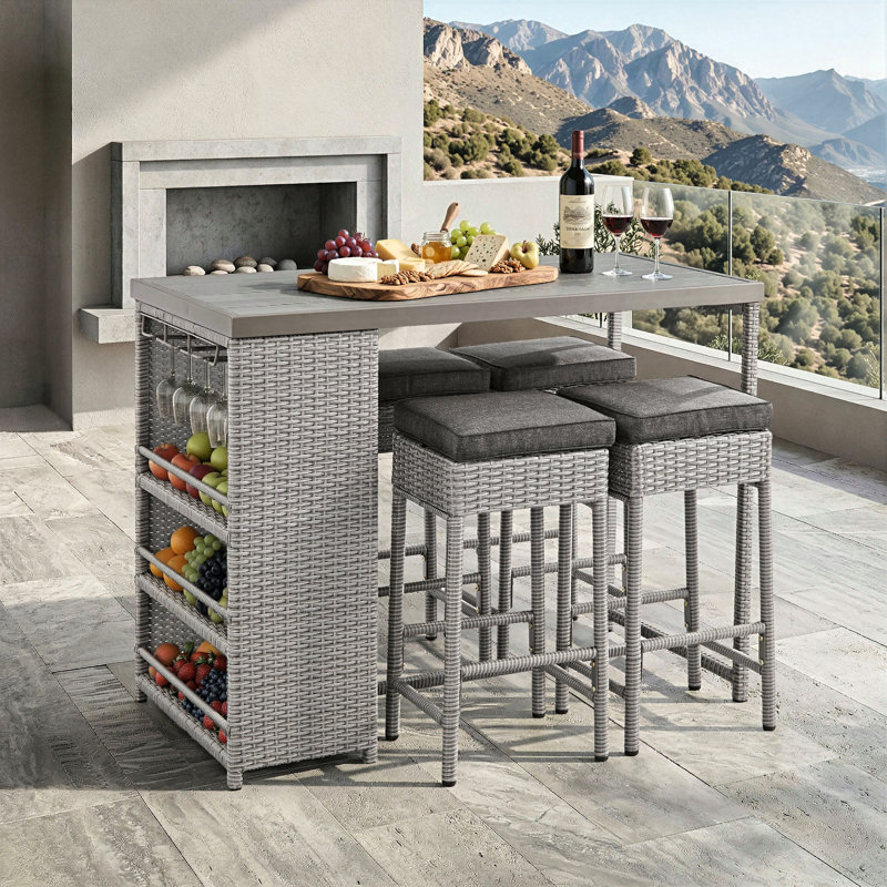 Bogovic 5-Piece Boho-Style Wicker Patio Dining Sets with Bar Table & Stools, Gray